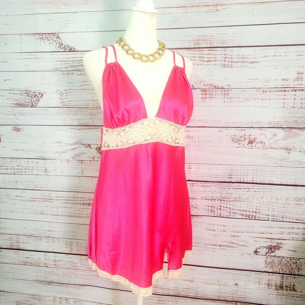 Vintage Victoria's Secret Y2K Nightgown Hot Pink Satin Slip Dress | Crochet Lace